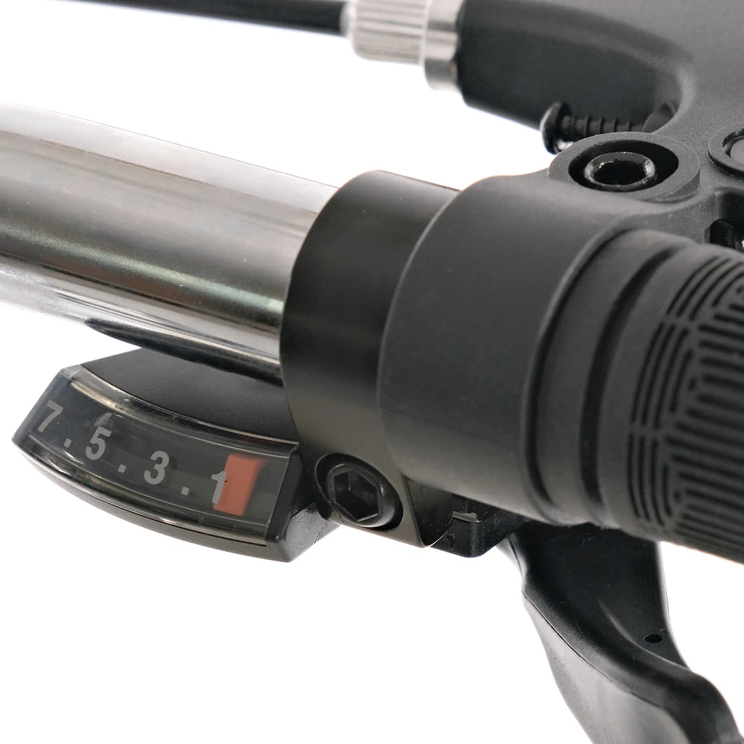 Berlin Bike Nova Grey Shimano gear indicator and handlebar shifter detail