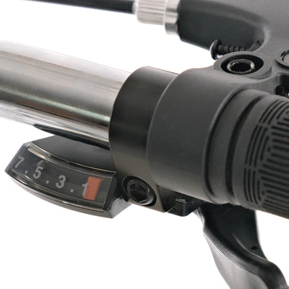 Berlin Bike Nova Grey Shimano gear indicator and handlebar shifter detail