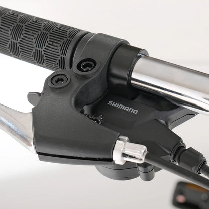 Berlin Bike Nova Grey handlebar with Shimano gear shifter and ergonomic grip detail