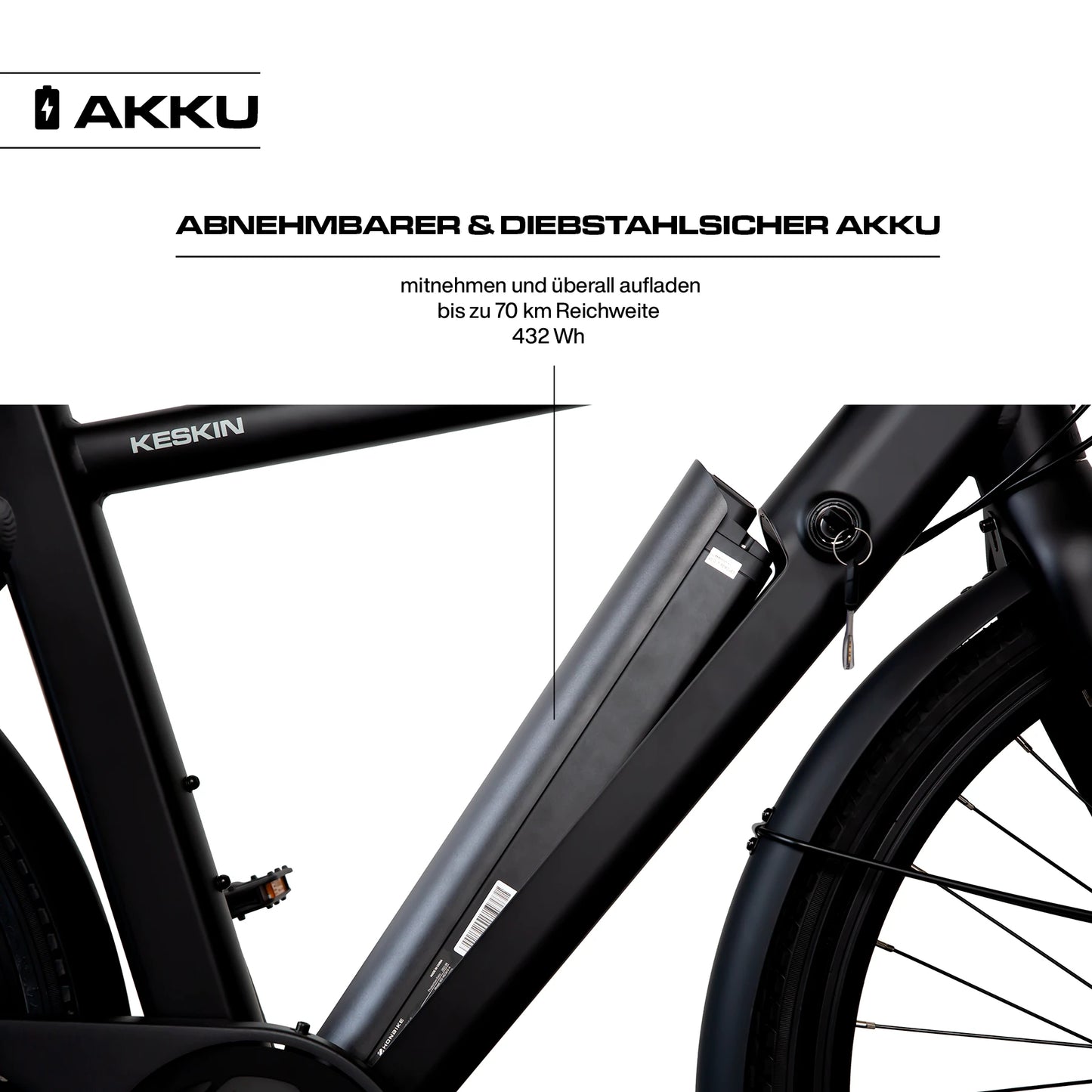Keskin E-Bike cBike1 City-elcykel 28 tommer detalje af aftageligt batteri og batterilås mat sort