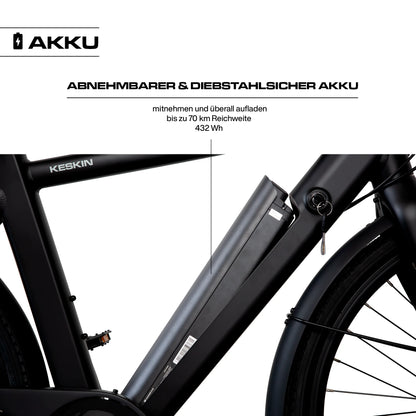 Keskin E-Bike cBike1 City-elcykel 28 tommer detalje af aftageligt batteri og batterilås mat sort