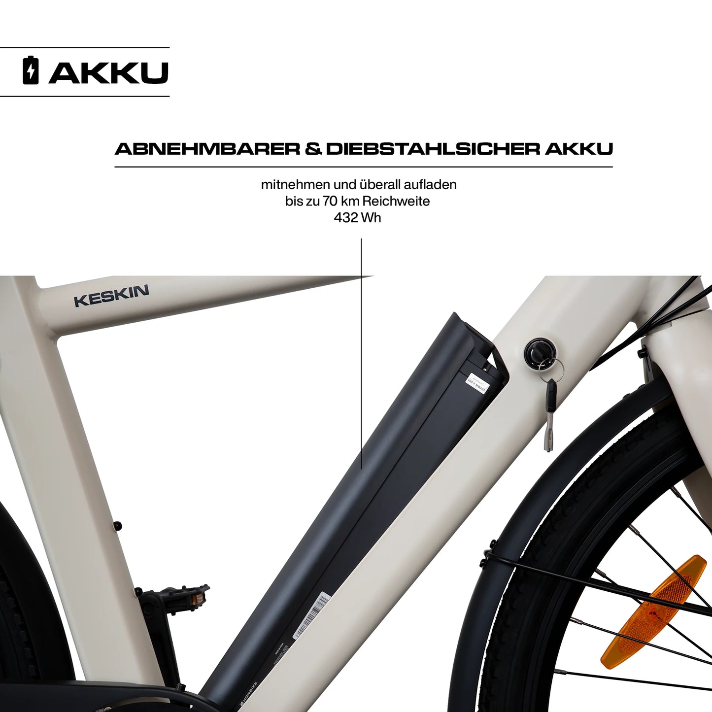 Keskin E-Bike cBike1 City-elcykel 28 tommer detalje af aftageligt batteri og batterilås mat sand