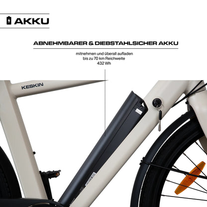 Keskin E-Bike cBike1 City-elcykel 28 tommer detalje af aftageligt batteri og batterilås mat sand