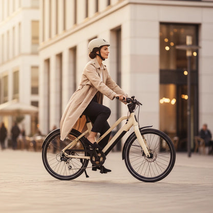 Keskin E-Bike cBike1v vélo électrique de ville 26 pouces cycliste traversant un environnement urbain sable mat