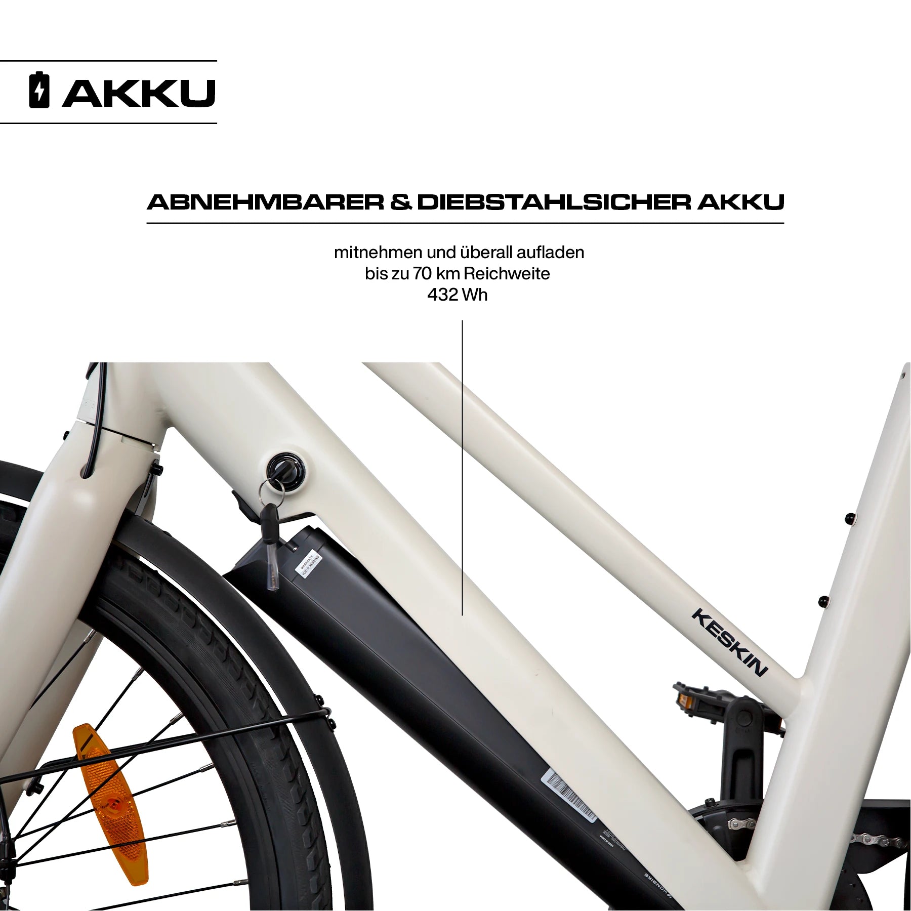 Keskin E-Bike cBike1v vélo électrique de ville 26 pouces détails de la batterie amovible et du verrou de batterie sable mat