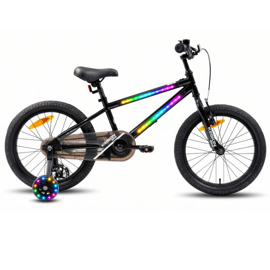 Keskin Ebike LED Kids Bike Balck with LED frame lights and light-up training wheels.