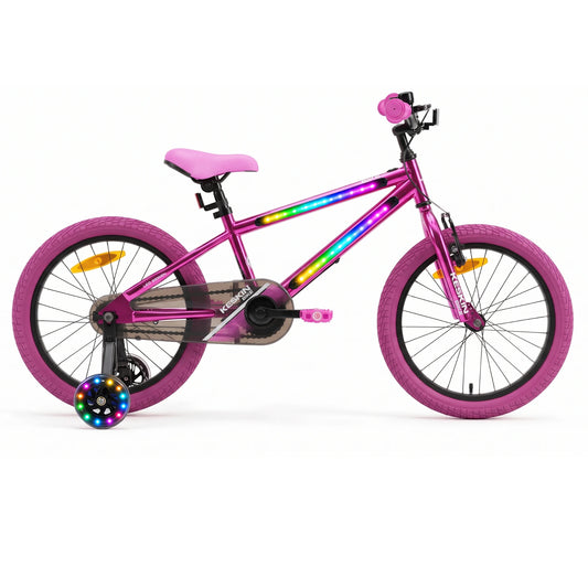 Keskin Ebike LED Kids Bike Pink with LED frame lights and light-up training wheels.