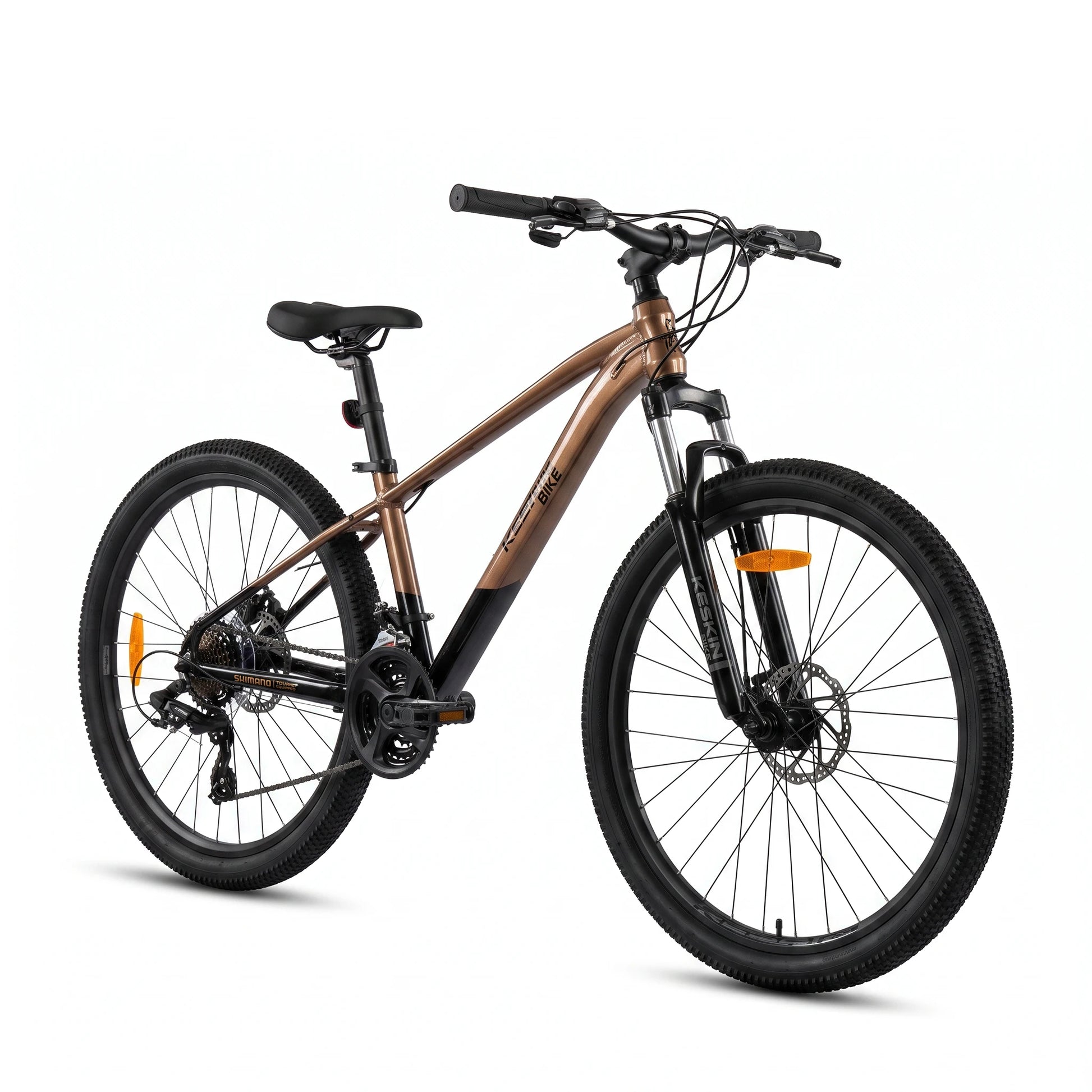Keskin E-Bike MTB1 mountainbike 29 inch zijaanzicht van 45 graden brons zwart