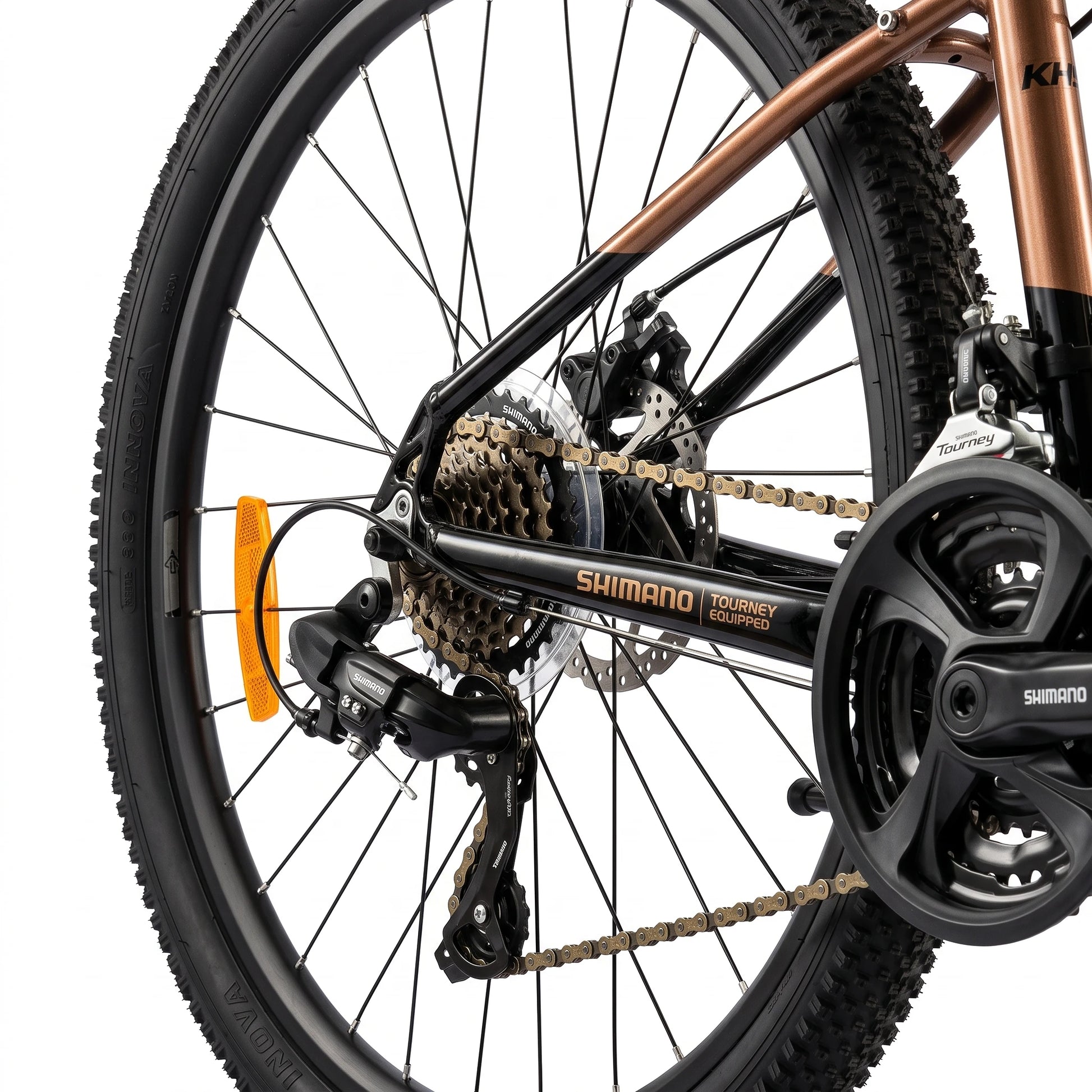 Keskin E-Bike MTB1 mountainbike 29 inch detail van achterderailleur en aandrijving brons zwart