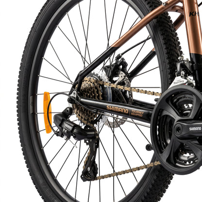 Keskin E-Bike MTB1 mountainbike 29 inch detail van achterderailleur en aandrijving brons zwart
