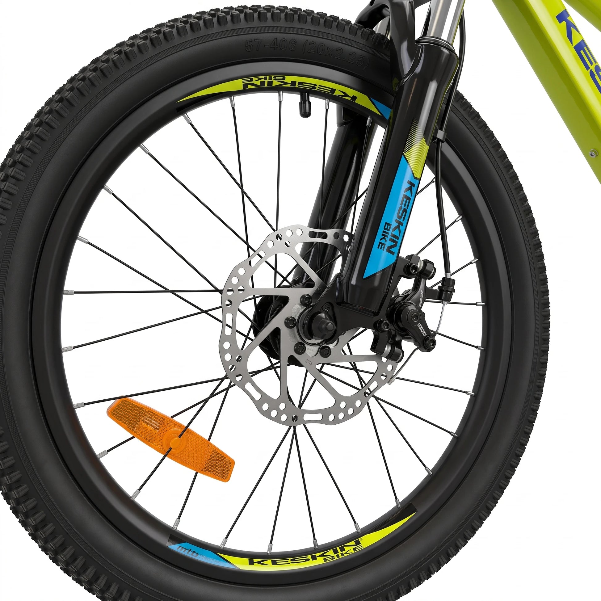 Keskin E-Bike MTB1 Kids Mountain Bike 24 Inch front disc brake detail neon green
