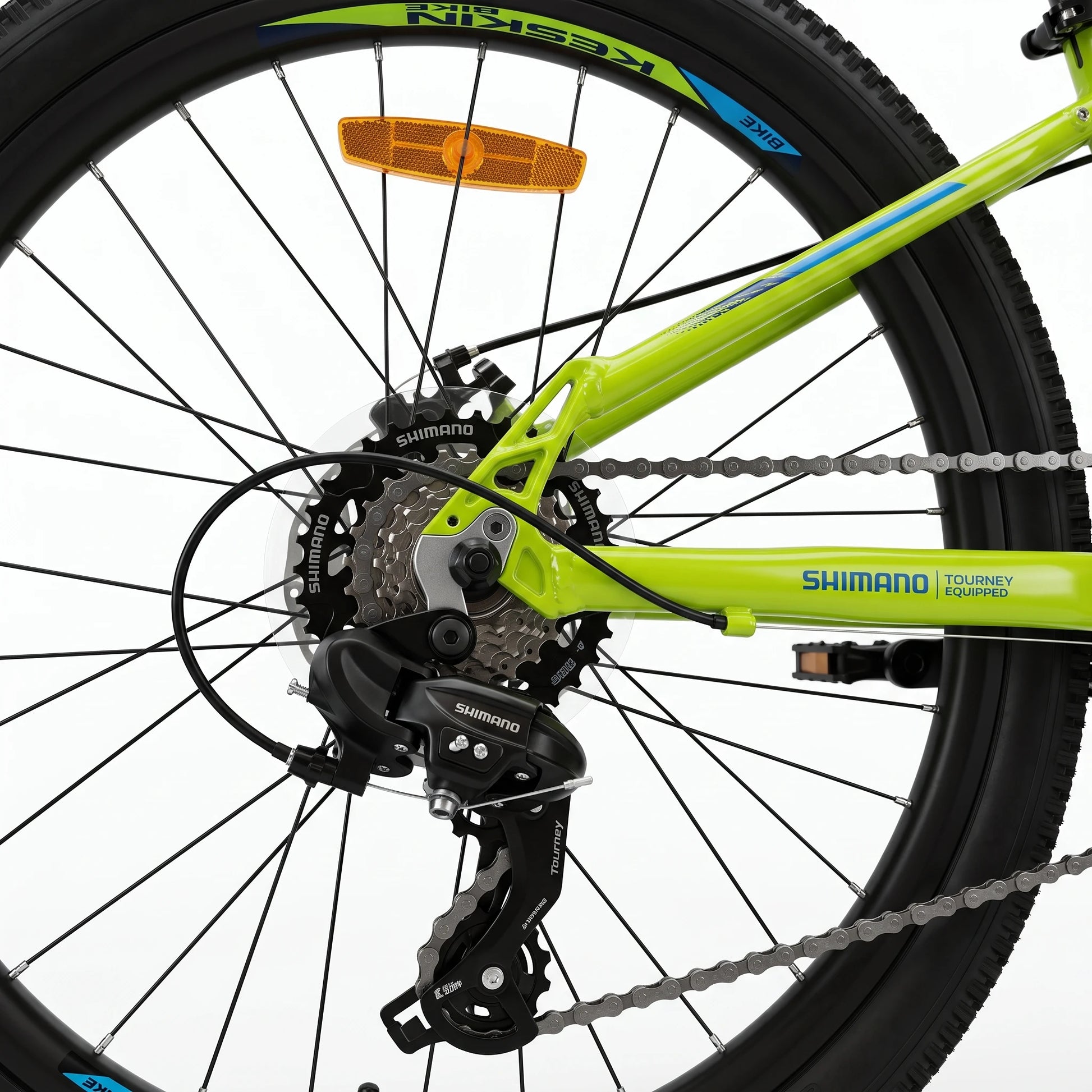 Keskin E-Bike MTB1 Kids Mountain Bike 24 Inch rear gears and drivetrain detail neon green