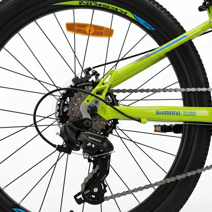 Keskin E-Bike MTB1 Kids Mountain Bike 24 Inch rear gears and drivetrain detail neon green