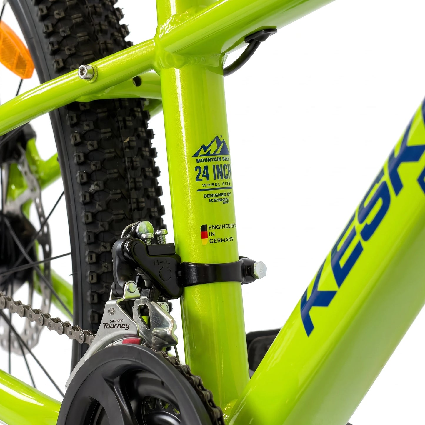 Keskin E-Bike MTB1 Kids Mountain Bike 24 Inch frame detail neon green
