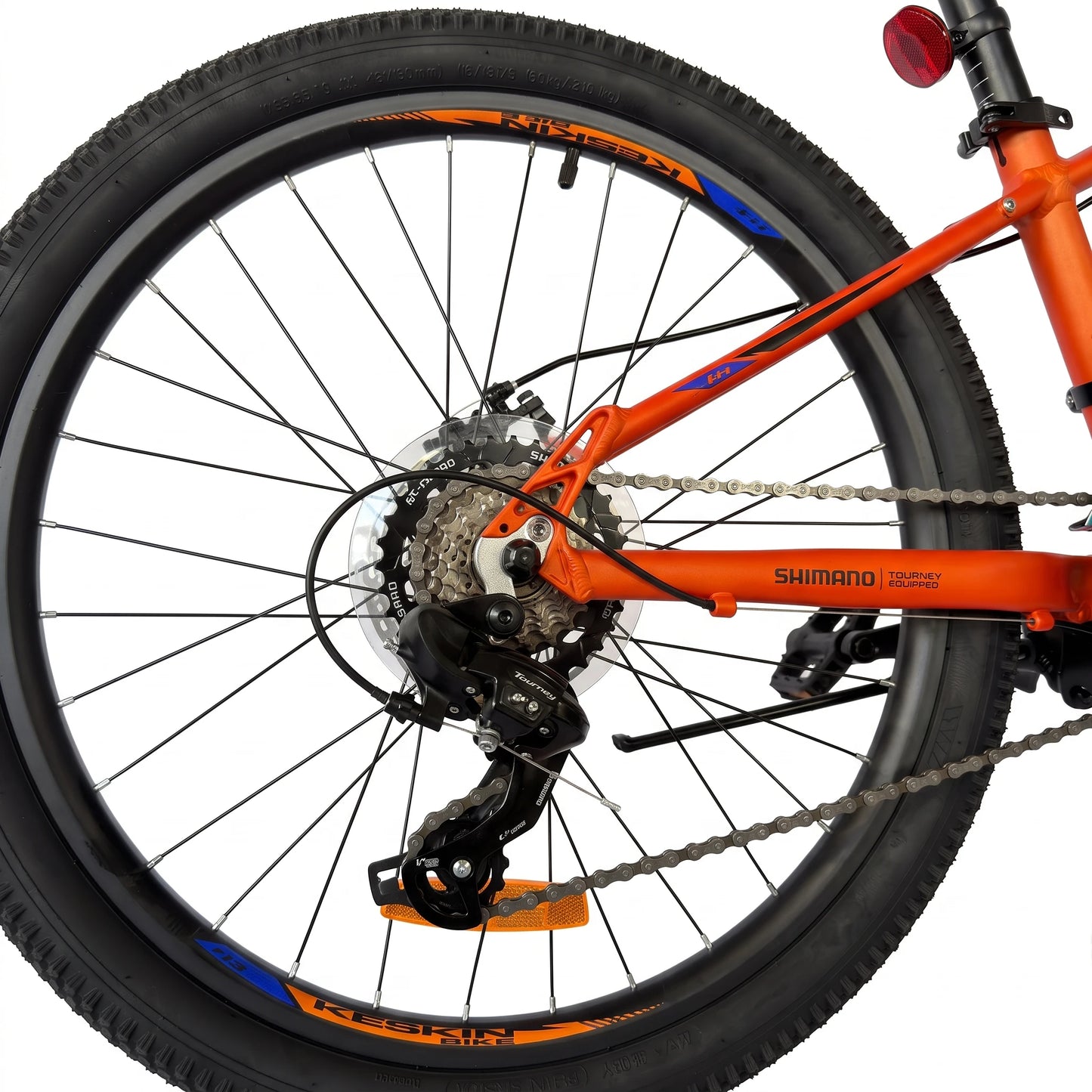 Keskin E-Bike MTB1 Kids Mountain Bike 24 Inch rear gears and drivetrain detail orange